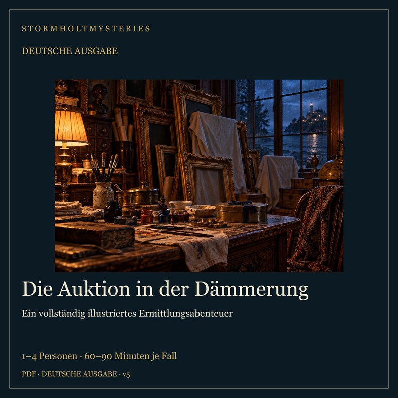 Op de afbeelding: Een donker vormgegeven spelcover getiteld Stormholt Mysteries: Die Auktion in der D&auml;mmerung. De centrale afbeelding toont een zwak verlicht, rommelig kunstenaarsatelier met een lamp, gestapelde lijsten en uitzicht op een vuurtoren.
