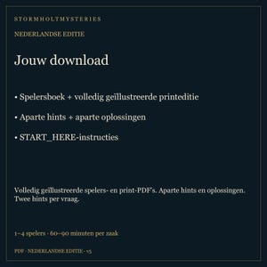 May include: A dark blue digital download information card titled Stormholt Mysteries Nederlandse Editie. It lists contents including a player book, illustrated print edition, hints, solutions, and instructions for 1-4 players, 60-90 minutes.