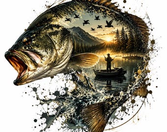 Imagen PNG de doble exposición de un pez lubina, arte de un pescador al atardecer en un lago (descarga digital)