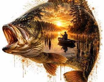 Fotografía artística de doble exposición de un pez lubina, escena de un lago al atardecer con un pescador (descarga digital)