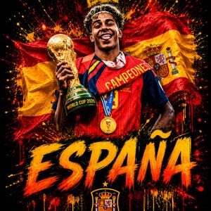 Può includere: Un'illustrazione digitale di un calciatore con maglia rossa e corona dorata, che tiene in mano un trofeo dorato della Coppa del Mondo 2026. La bandiera spagnola sventola dietro, con il testo "CAMPEONES" su una fascia e "ESPAÑA" in lettere arancioni.