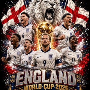Könnte beinhalten: Ein grafisches Poster mit fünf Fußballspielern in weißen England-Trikots, einem brüllenden Löwen und einem goldenen Pokal. Zwei England-Flaggen wehen im Hintergrund. Der Text lautet ENGLAND WORLD CUP 2026 THREE LIONS mit einem Wappen.