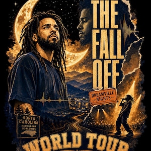 May include: A black graphic t-shirt featuring J. Cole with dreadlocks, a crescent moon, and a city skyline. Text reads J. COLE, THE FALL OFF, DREAMVILLE NIGHTS, NORTH CAROLINA HOMEGROWN WORLDWIDE, and WORLD TOUR. Includes a concert scene with stage lights.
