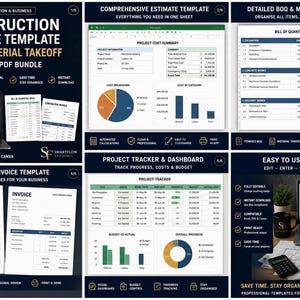 Könnte beinhalten: Ein digitales Bau-Kostenvorlagen-Bundle, einschließlich BOQ und Materialentnahme, in Excel- und PDF-Formaten. Enthält Vorlagen für Rechnungen von Bauunternehmern, Projektverfolgungen und Dashboards. Professionelles und benutzerfreundliches Design.