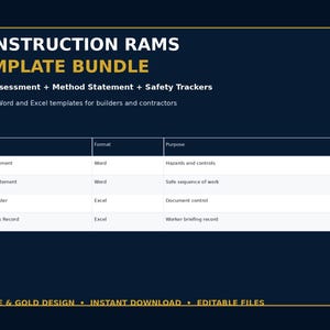 May include: A dark blue graphic with gold text that reads "CONSTRUCTION RAMS TEMPLATE BUNDLE". The image includes a table listing documents like Risk Assessment and Method Statement, with formats and purposes. The bottom text says "BLUE & GOLD DESIGN • INSTANT DOWNLOAD • EDITABLE FILES."