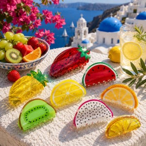 Puede incluir: Una colección de pinzas para el cabello con forma de fruta que incluye una fresa roja, una rodaja de sandía, una piña amarilla, una rodaja de kiwi verde, una rodaja de fruta del dragón y varios gajos de cítricos amarillos y naranjas.