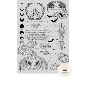 May include: A gray graphic featuring various illustrations and text. Includes mountain and floral designs, bat silhouettes, and phrases like "Hello, Feyre Darling" and "You Bow to No One." The image also has the text "Reading Pixels."
