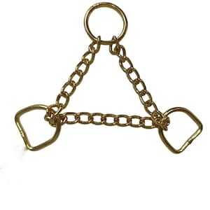 May include: A gold-coloured metal chain accessory. The design features a large ring at the top, connected to two square-shaped rings at the bottom with a chain in a triangular shape. The chain links are small and closely spaced.