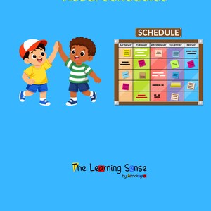 May include: A blue background with the text "Visual Schedules" and "Schedule". Two cartoon children give each other a high five. A colorful schedule chart is displayed. The Learning Sense by Anddryna is written at the bottom.