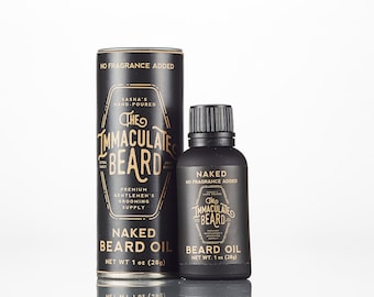 May include: Two black bottles of beard oil with gold labels. The larger bottle is labeled "The Immaculate Beard Naked Beard Oil" and the smaller bottle is labeled "The Immaculate Beard Naked Beard Oil". Both bottles have a net weight of 1 ounce (28 grams).