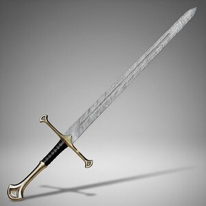 May include: A long sword featuring a double-edged blade with a distinct wavy Damascus steel pattern. The hilt includes a brass-coloured crossguard and pommel with a black leather-wrapped grip, extending into a pointed tip at the end of the blade.