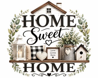 Hogar dulce hogar PNG vintage / Diseño de arte mural de casa de campo / Descarga digital rústica campestre