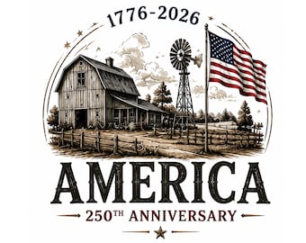 250 años de patrimonio agrícola estadounidense PNG, diseño patriótico de granero y bandera, descarga digital