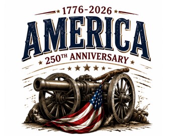 PNG del 250 aniversario de Estados Unidos, diseño de cañón patriótico de EE. UU., descarga digital del Día de la Independencia 1776-2026
