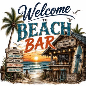 Könnte beinhalten: Eine grafische Illustration einer Strandbar bei Sonnenuntergang mit einer Palme, einem Holzschild mit der Aufschrift Good Drinks, Cold Drinks, Good Times, Great Company, Beach Vibes, einer Bar mit Hockern, einem Surfbrett und dem Text Welcome To Beach Bar.