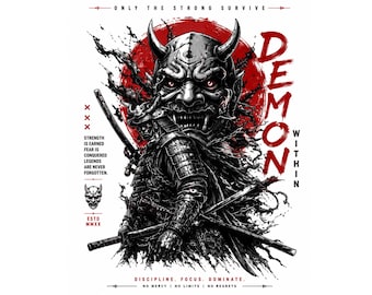 Samurai Oni Mask PNG, Dark Gothic Warrior T-Shirt Design (Digital Download)