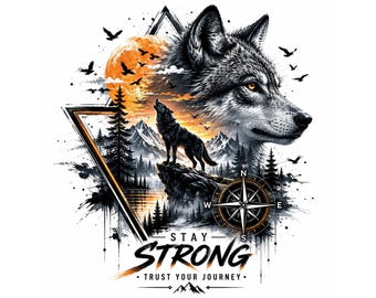 Lobo PNG Mantente fuerte Confía en tu viaje Montaña Naturaleza Diseño Camiseta motivacional Gráfico Descarga