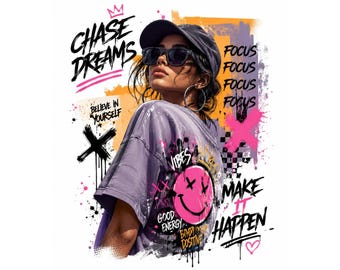 Dream Chaser Streetwear PNG, Urban Graffiti Graphic Tee Design, Oversized Back Print Digital Download