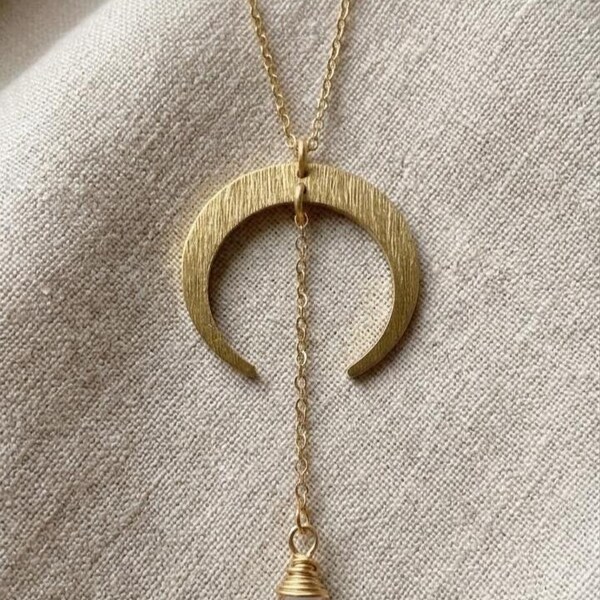 Elegant Brass Crescent Moon & Faceted Moonstone Tear-Drop Necklace