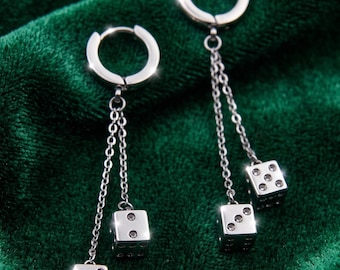 Verzilverde messing dobbelstenen oorringen, Lucky Drop-sieraden met dubbele ketting