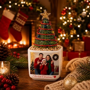 Puede incluir: Una maceta cuadrada de cerámica blanca con una fotografía impresa de una familia de tres personas con suéteres rojos, el texto "The 10th Christmas!" y un corazón rojo. Un árbol de Navidad de alambre verde con una estrella dorada está encima.