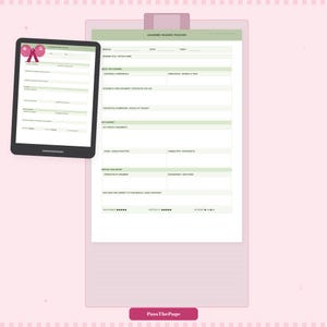 May include: A digital tablet and a clipboard with an academic reading tracker. The tablet displays a pink bow graphic. The clipboard has sections for module, article name, and critical evaluation. The text "PassThePage" is at the bottom.