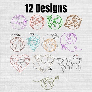 May include: A collection of 12 designs featuring line art illustrations of globes, world maps, and aeroplanes. The graphics include various travel-themed motifs such as heart-shaped maps, flight paths, and paper aeroplanes in multiple colours.