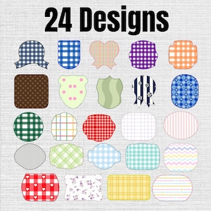 May include: A collection of 24 labels in various shapes and patterns, including gingham, plaid, polka dots, stripes, and floral prints. The text 24 Designs is displayed in bold black letters at the top of the grid of colorful decorative labels.
