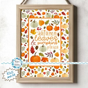 Foglie autunnali e zucche, stampabili, decorazioni murali, biglietti d'auguri digitali autunnali, PDF PNG, Ringraziamento accogliente, piccolo commerciale personale