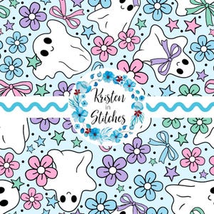 Friendly Smiling Ghosts Seamless Pattern, Cute Halloween Floral Printable Design, Coquette Bows, Trick or Treat, Personal Small Commercial