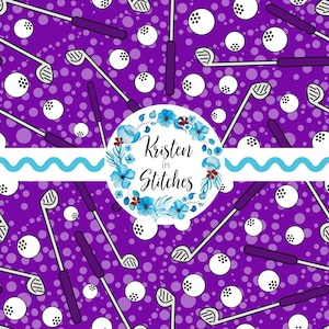 Patrón sin costuras de golf, diseño repetido de palos de golf, regalo de putter morado, archivo digital, enlaces de campo de golf para uso personal y comercial.