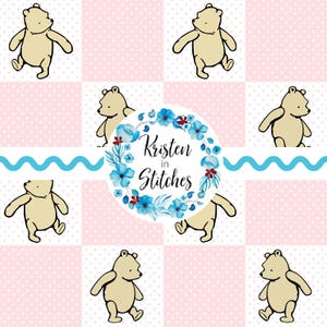 Classico motivo patchwork senza cuciture di Winnie the Pooh, file stampabile di Amici del Bosco dei 100 Acri, rosa tenue, stampa per cameretta dei bambini, orsetto miele vintage