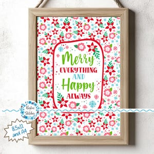 Arte de pared imprimible "Feliz todo y siempre feliz", gráficos digitales PDF PNG, tarjeta digital con flores navideñas, decoración de escritorio y oficina
