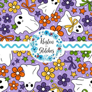 Friendly Smiling Ghosts Seamless Pattern, Cute Halloween Floral Printable Design, Coquette Bows, Trick or Treat, Personal Small Commercial