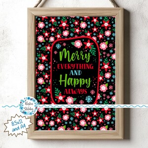 Arte de pared imprimible "Feliz todo y siempre feliz", gráficos digitales PDF PNG, tarjeta digital con flores navideñas, decoración de escritorio y oficina