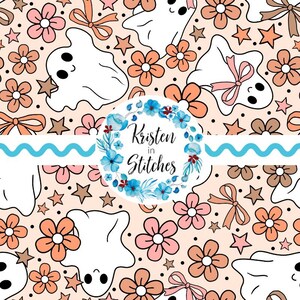 Friendly Smiling Ghosts Seamless Pattern, Cute Halloween Floral Printable Design, Coquette Bows, Trick or Treat, Personal Small Commercial
