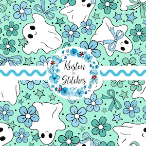 Friendly Smiling Ghosts Seamless Pattern, Cute Halloween Floral Printable Design, Coquette Bows, Trick or Treat, Personal Small Commercial