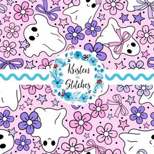 Friendly Smiling Ghosts Seamless Pattern, Cute Halloween Floral Printable Design, Coquette Bows, Trick or Treat, Personal Small Commercial