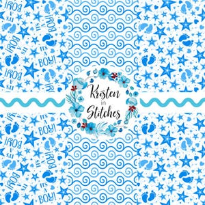 Conjunto de patrones sin costuras "Es un niño", papeles digitales imprimibles para revelar el género, huellas y estrellas azules, baby shower, anuncio de nacimiento PNG