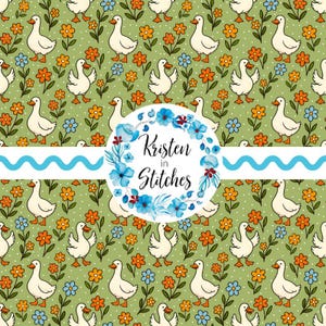 Naadloze patroon van Silly Goose, witte ganzen afdrukbaar bloemdessin, boerderijdieren, eenden gansjes, madeliefjebloemen, persoonlijke kleine commercial