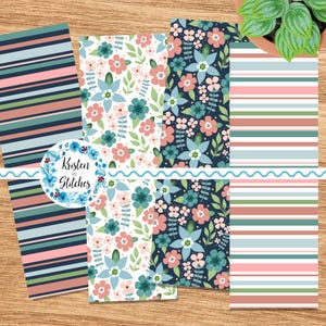 Conjunto de marcadores de página 2x6 para impressão, 4 florais e listras em coral azul-água, flores silvestres, impressão digital faça você mesmo para presentes em casa, tamanho carta 8,5x11, pdf png jpg