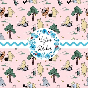 Classico motivo senza cuciture di Winnie the Pooh, file digitale stampabile di "100 Acre Wood Friends", rosa pallido, motivo floreale per cameretta dei bambini, orsetto di miele vintage