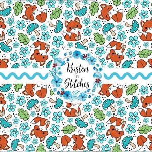 Modèle sans couture de petit renard orange, motif de répétition de jardin de champignons colorés, fichier numérique floral nouveauté pour enfants, petite publicité personnelle