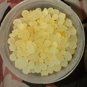 May include: A clear, circular plastic container filled with numerous small, pale yellow, translucent resin tears. The pieces vary in size and shape, ranging from tiny granules to larger, rounded pebbles, all clustered together within the bowl.