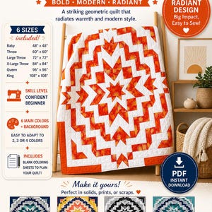 May include: Solar Flare quilt pattern with a bold, modern, and radiant design. The quilt features a striking geometric pattern in orange and white, with a matching orange border. Includes 6 sizes, from baby (48" x 48") to king (108" x 108").