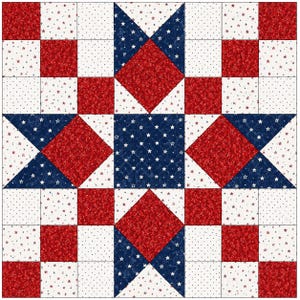 May include: A square quilt block featuring a central navy blue star pattern with white stars, surrounded by red and white fabric squares. The white fabric is covered in small red and blue stars, while the red and navy blue fabrics have a textured appearance.