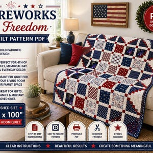 Peut inclure: Un patron de quilt PDF patriotique avec un motif audacieux rouge, blanc et bleu. Le quilt mesure 203 cm x 254 cm et est parfait pour le 4 juillet, le Memorial Day ou la décoration quotidienne. Le patron comprend des instructions étape par étape.