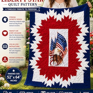 Könnte beinhalten: Ein patriotisches Quiltmuster mit einem rot-weiß-blauen Sternenmuster, das eine amerikanische Flagge und einen Adler zeigt. Die fertige Größe beträgt 132 x 163 cm. Eine Hommage an die Freiheit.