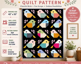 Scrappy Singvögel Quilt Anleitung, Modernes Patchwork Vogel Design | Anfängerfreundliche Nähanleitung (PDF Download)