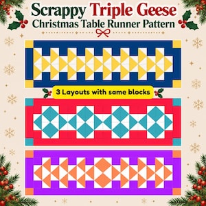 Puede incluir: Un patrón digital titulado Scrappy Triple Geese Christmas Table Runner Pattern que presenta tres diseños rectangulares con bloques geométricos en azul, amarillo, rojo, verde azulado, morado y naranja, decorado con acebo y copos de nieve.